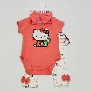 Hello Kitty Baby Girls 3 Months 3-Piece Outfit Bodysuit Pants Headband Coral NWT